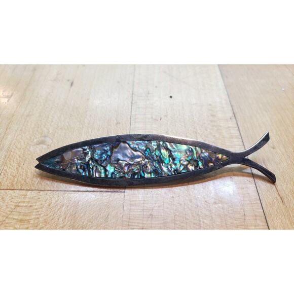 Mexico Brooch Taxco Sterling Silver & Abalone Inlay Fish Deep Sea Signed - Picture 2 of 14